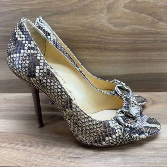 GUCCI Horsebit Snake Skin Heels Womens 8.5 B Peep Toe Pumps - Picture 5 of 12